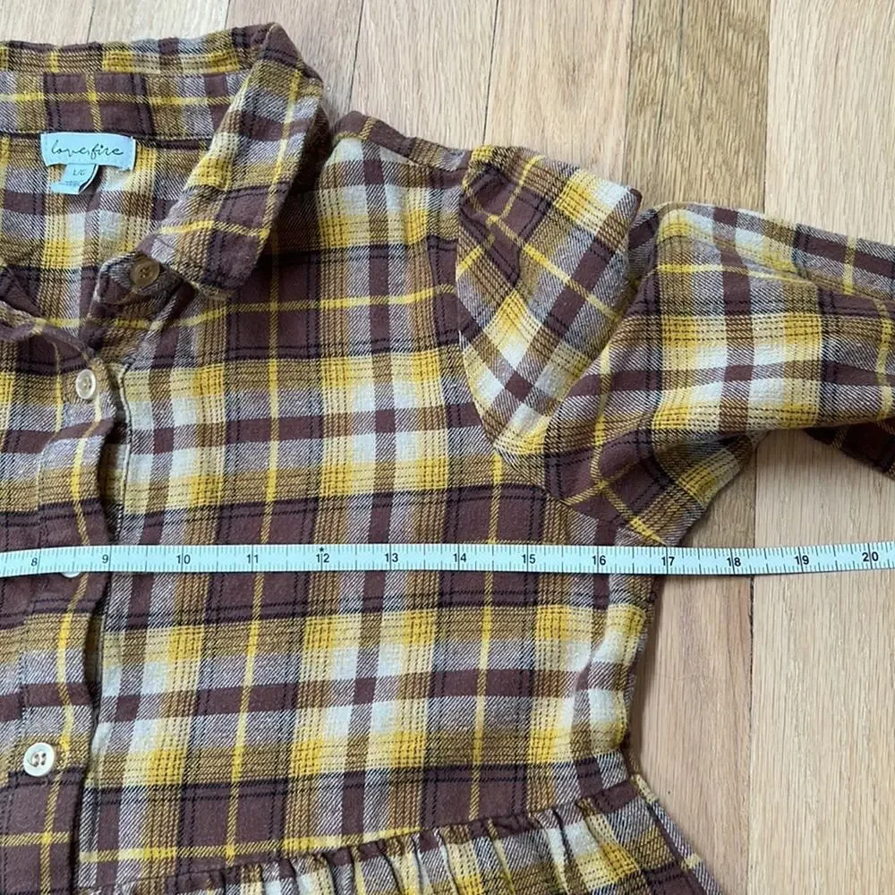 Girl Love Fire Yellow Brown Plaid Fleece Cotton Shirtdress (Youth L)
